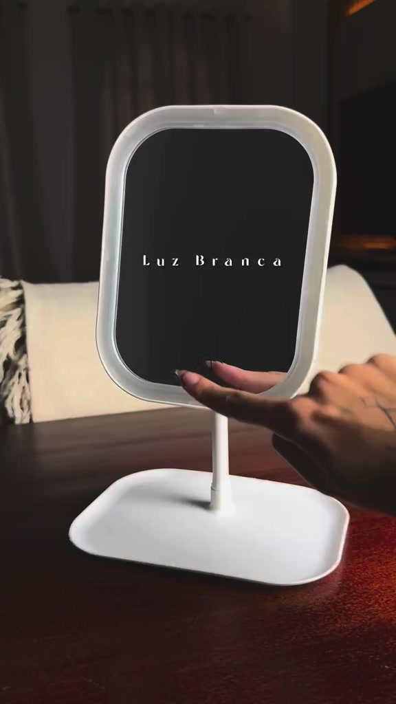 NOVO - Espelho LED de Mesa Touch Recarregável USB para Maquiagem com Base Porta Objetos e 3 cores de luz