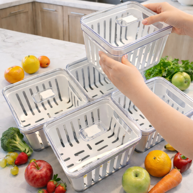 Novo - Organizador de Geladeira 3,8 Litros Cesto Com Tampa Multiuso Alimentos Verduras e Vegetais