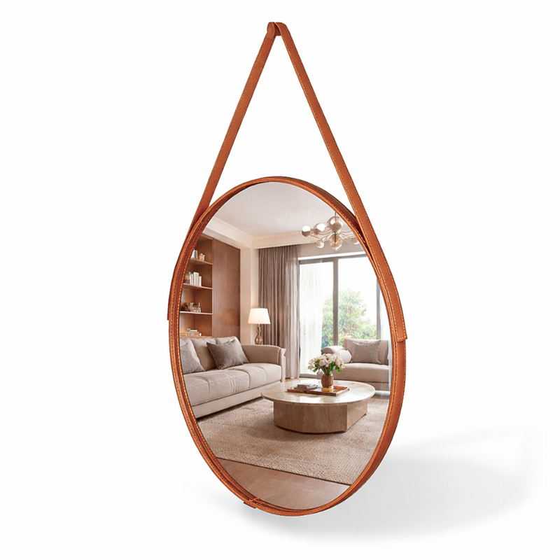 NOVO - Espelho Redondo Decorativo Adnet Alça Couro Suporte 60cm Sala Quarto Banheiro
