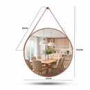 NOVO - Espelho Redondo Decorativo Adnet Alça Couro Suporte 60cm Sala Quarto Banheiro