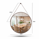 NOVO - Espelho Redondo Decorativo Adnet Alça Couro Suporte 60cm Sala Quarto Banheiro