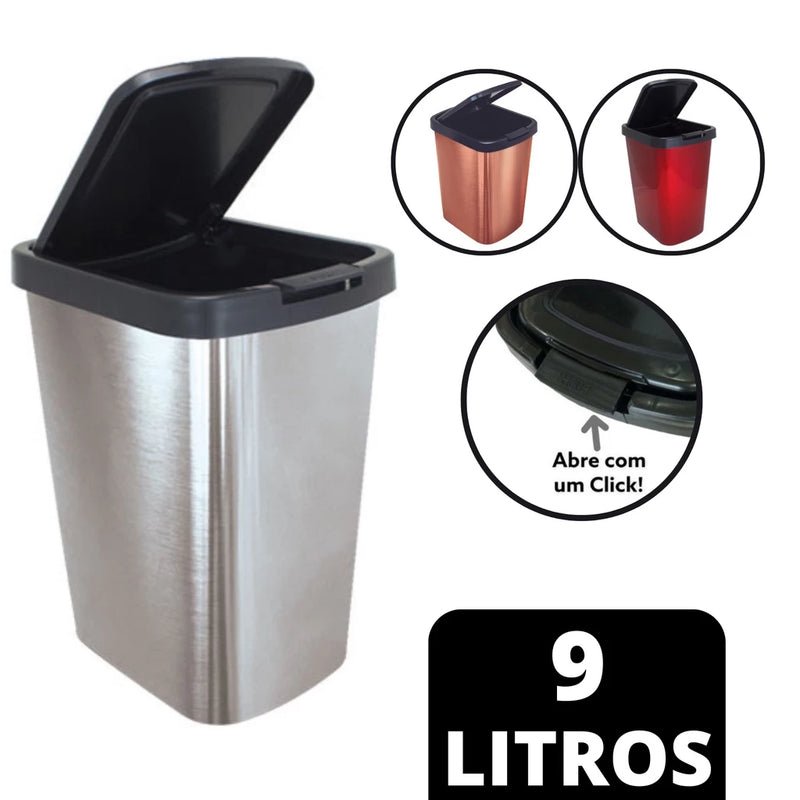 NOVO - Lixeira Cesto Metalizado 09 Litros Com Tampa Click Label Vermelho Rose Gold Banheiro Cozinha